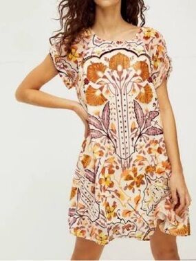 FREE PEOPLE NWT Strawberry Fields Velvet Mini Dress L Gold Purple Brown Yellow